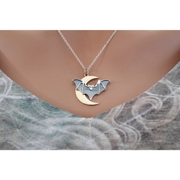 Sterling Silver Layered Bat Charm with Bronze Moon Necklace - Picture 1 of 4
